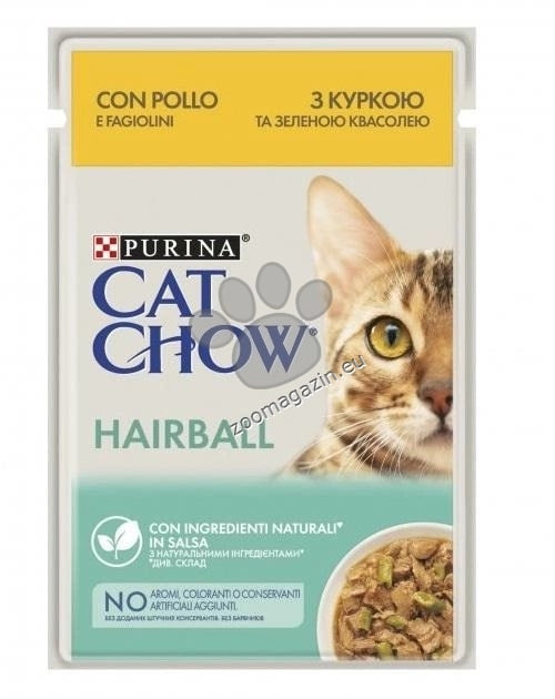 Purina Cat Chow Hairball Control Chicken - пауч за котки против космени топки, с пиле и зелен фасул в сос