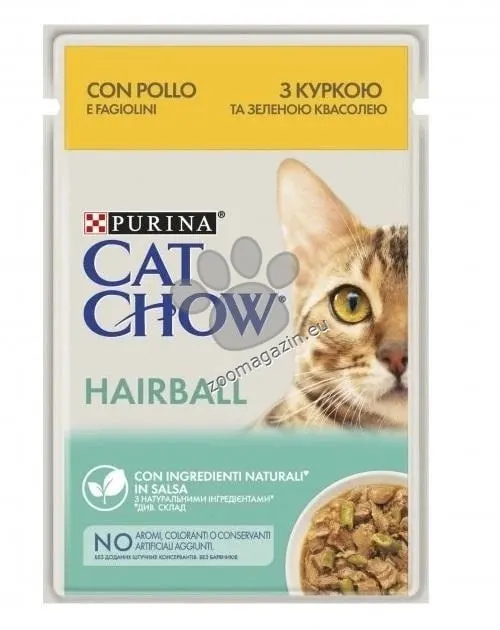 Purina Cat Chow Hairball Control Chicken - пауч за котки против космени топки, с пиле и зелен фасул в сос