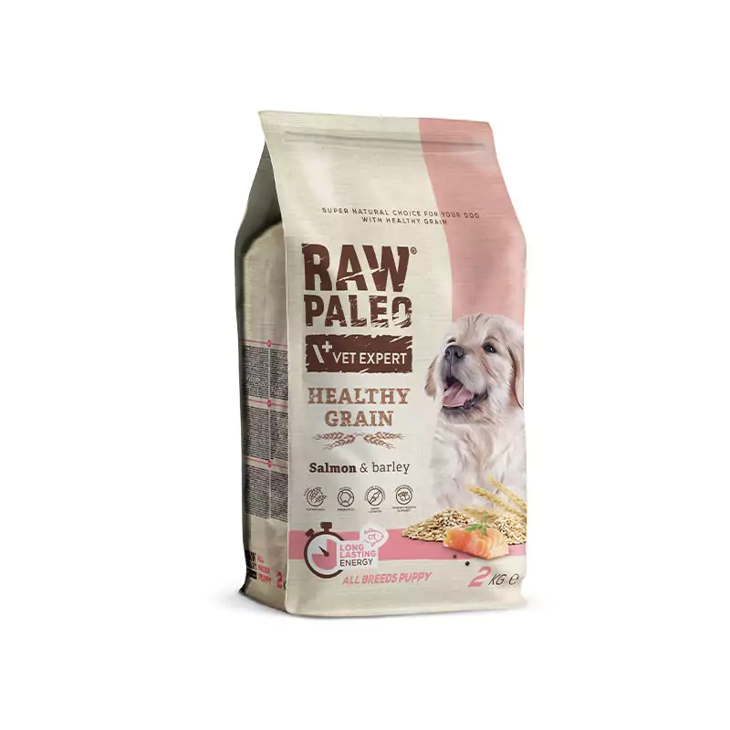 Raw Paleo Puppy Healthy Grain Salmon - храна за подрастващи кучета всички породи със сьомга и ечемик