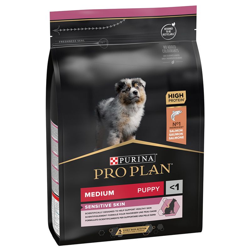 Purina Pro Plan Medium Puppy Sensitive Skin Salmon - храна за подрастващи кучета средни породи (10-25 кг.) с чувствителна кожа, до 12 месеца, със сьомга