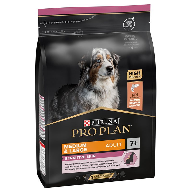 Purina Pro Plan Medium & Large Adult 7+ Sensitive Skin Salmon - храна за възрастни кучета средни и едри породи с чувствителна кожа, над 7 години, със сьомга