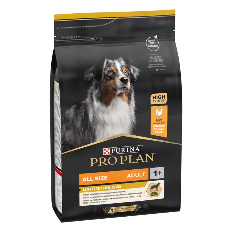 Purina Pro Plan All Sizes Adult Light Sterilised Chicken - храна с намалени мазнини за кастрирани кучета или с наднормено тегло, с пиле и ориз