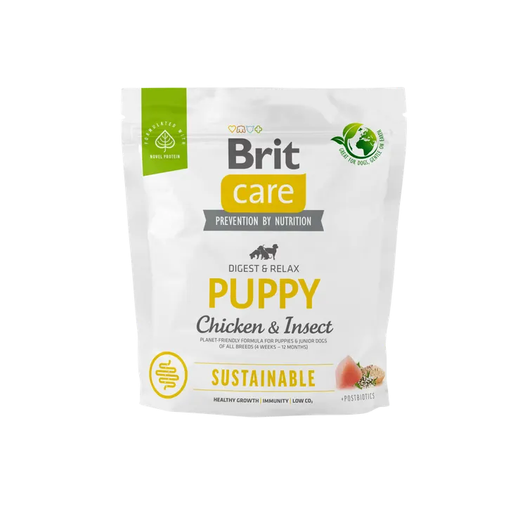 Brit Care Dog Sustainable Puppy - храна за подрастващи кучета всички породи с високоусвоим протеин от насекоми и пиле