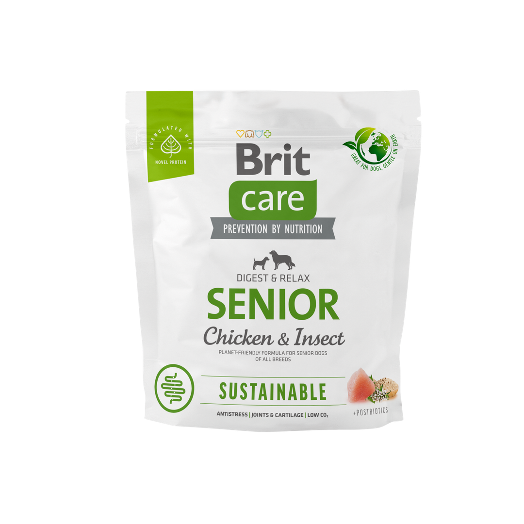 Brit Care Dog Sustainable Senior - храна за застаряващи кучета с високоусвоим протеин от насекоми и пиле