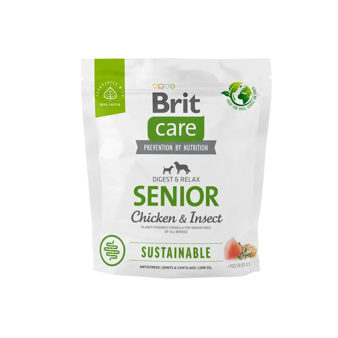 Brit Care Dog Sustainable Senior - храна за застаряващи кучета с високоусвоим протеин от насекоми и пиле