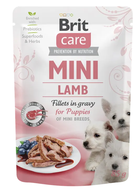 Brit Care Dog Mini Breed Puppy Lamb Fillets in Gravy - пауч за подрастващи кучета малки и дребни породи с агне, 6 бр. х 85 гр.