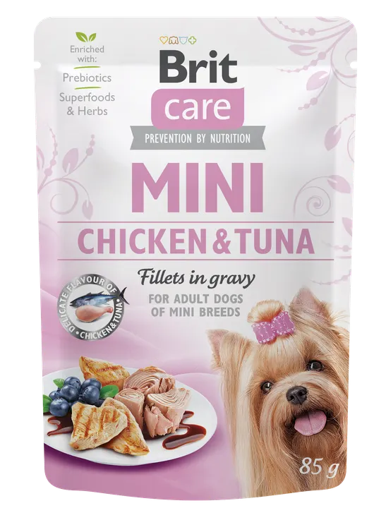 Brit Care Dog Mini Breed Adult Chicken & Tuna Fillets in Gravy - пауч за кучета малки и дребни породи с пиле и риба тон, 6 бр. х 85 гр.