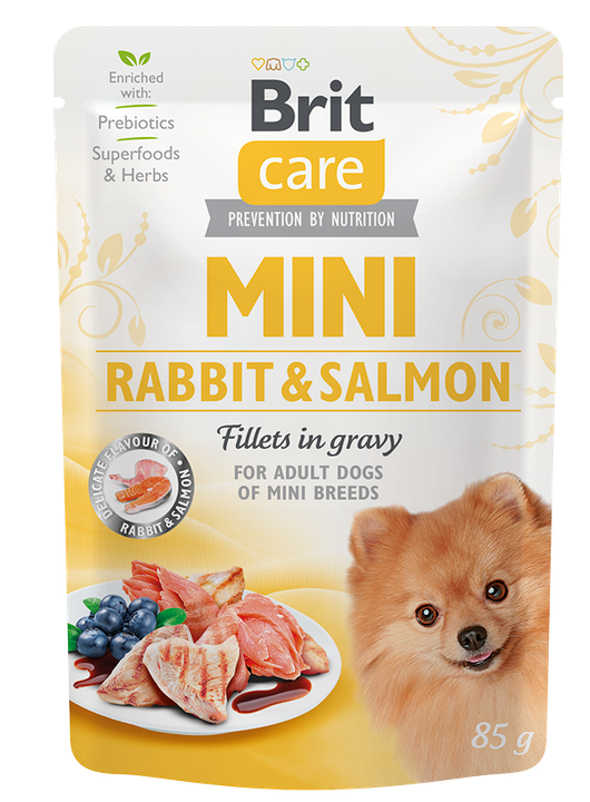 Brit Care Dog Mini Breed Adult Rabbit & Salmon Fillets in Gravy - пауч за кучета малки и дребни породи с заек и сьомга, 6 бр. х 85 гр.