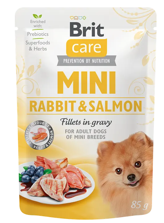 Brit Care Dog Mini Breed Adult Rabbit & Salmon Fillets in Gravy - пауч за кучета малки и дребни породи с заек и сьомга, 6 бр. х 85 гр.