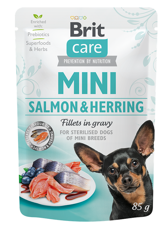 Brit Care Dog Mini Breed Adult Sterilised Salmon & Herring Fillets in Gravy -  пауч за кастрирани кучета малки и дребни породи със сьомга и херинга, 6 бр. х 85 гр.