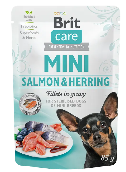 Brit Care Dog Mini Breed Adult Sterilised Salmon & Herring Fillets in Gravy -  пауч за кастрирани кучета малки и дребни породи със сьомга и херинга, 6 бр. х 85 гр.