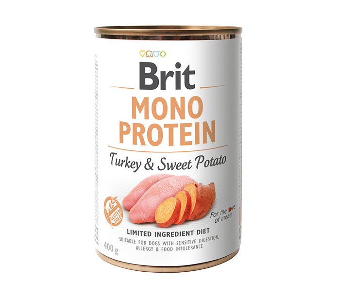 Brit Dog Mono Protein Turkey & Sweet Potato - консерва за кучета с пуйка и сладки картофи, 3 бр. х 400 гр.