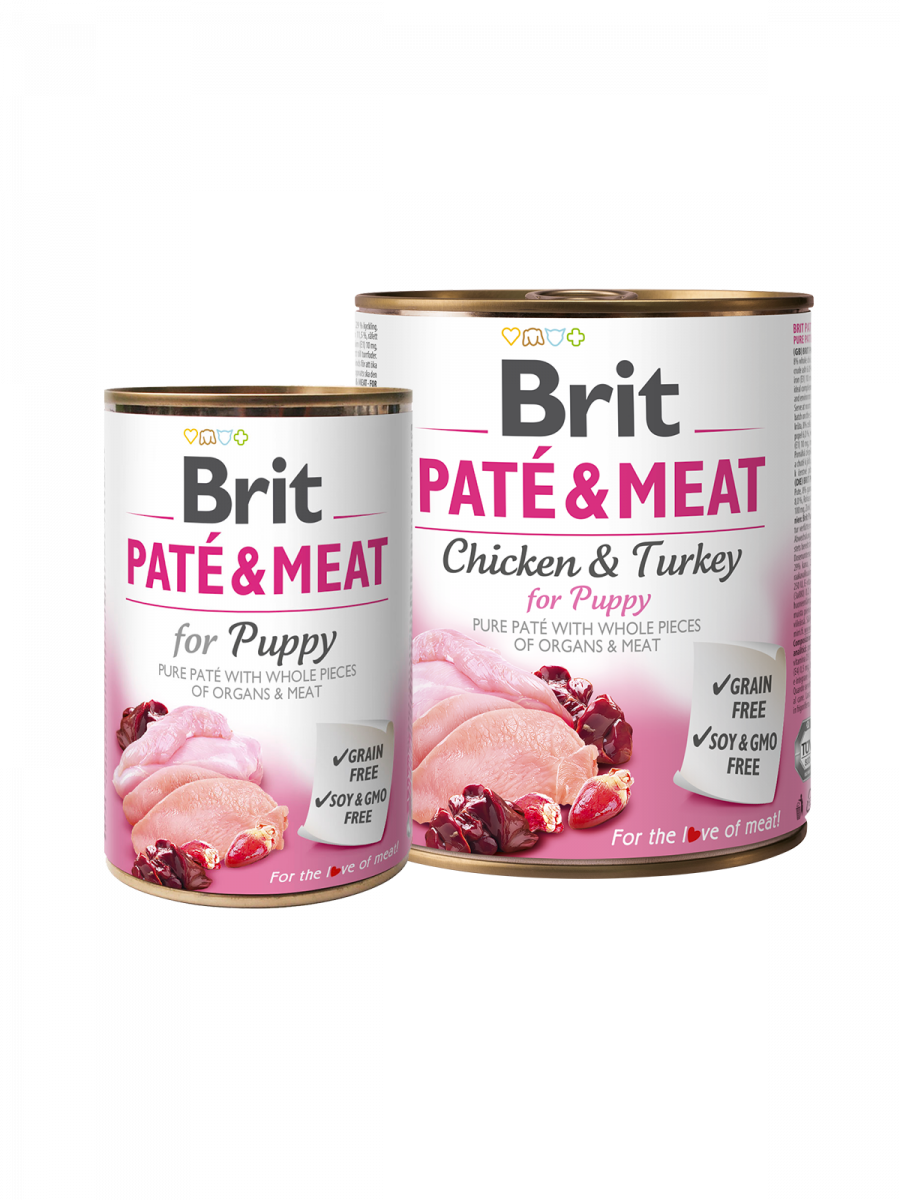 Brit Dog Pate & Meat Puppy - хапки в пастет за кучета до 12 месеца с пиле и пуйка, 3 бр. х 400 гр.