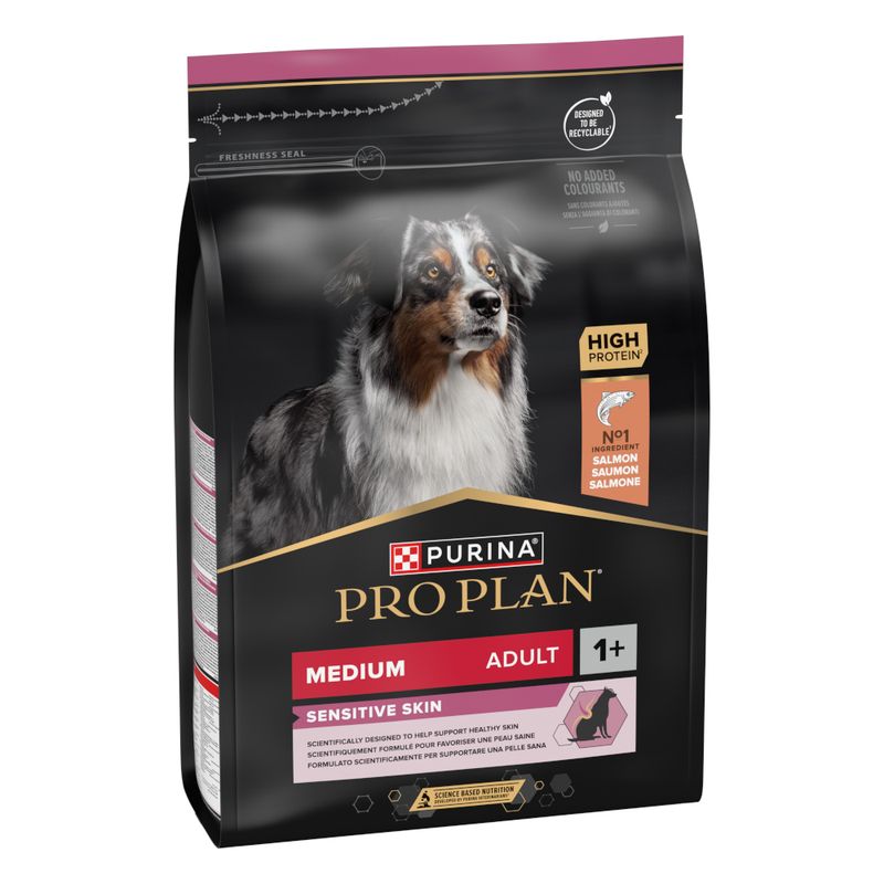 Purina Pro Plan Medium Adult Sensitive Skin Salmon - храна за кучета средни породи (10-25 кг.) с чувствителна кожа, над 12 месеца, със сьомга