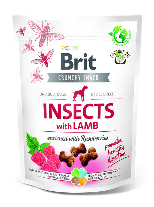 Brit Care Dog Crunchy Cracker Insects, Lamb and Raspberries - лакомство за кучета с насекоми, агне и малини за здравословно храносмилане