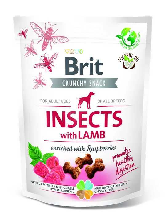 Brit Care Dog Crunchy Cracker Insects, Lamb and Raspberries - лакомство за кучета с насекоми, агне и малини за здравословно храносмилане