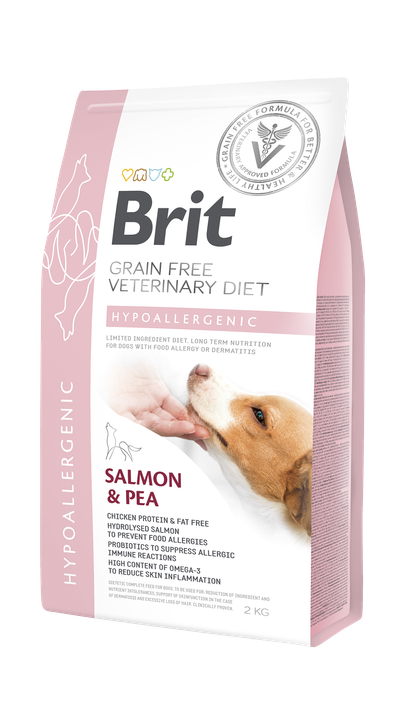 Brit Veterinary Diets Dog Hypoallergenic - хипоалергенна храна за кучета за намаляване на непоносимостта към съставки и хранителни вещества, със сьомга и грах