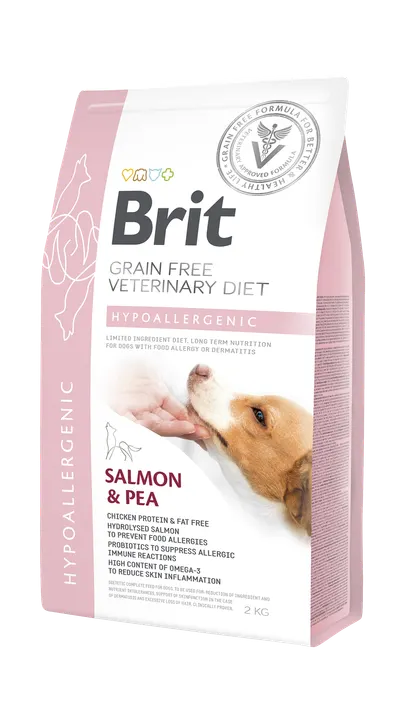 Brit Veterinary Diets Dog Hypoallergenic - хипоалергенна храна за кучета за намаляване на непоносимостта към съставки и хранителни вещества, със сьомга и грах