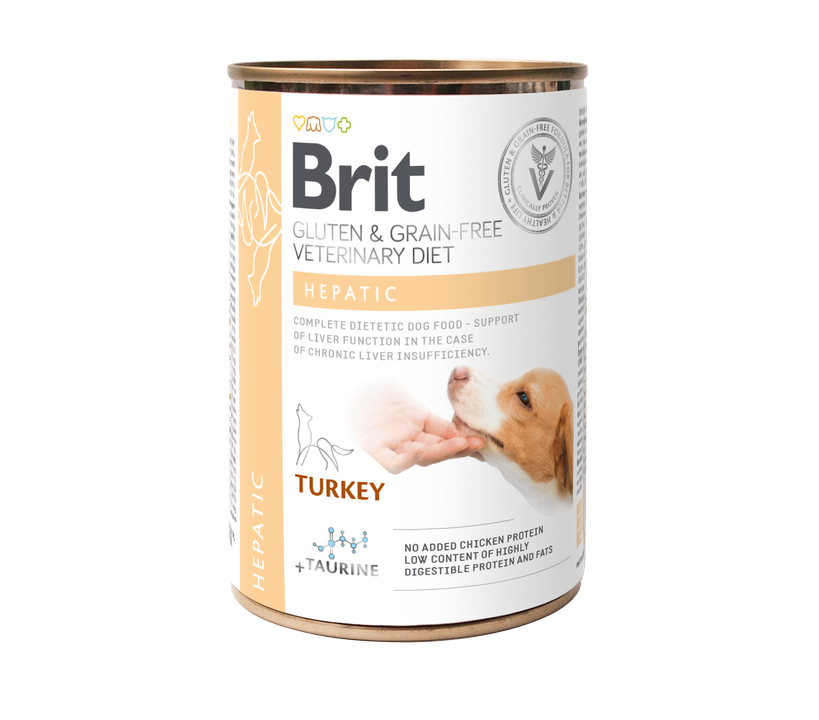 Brit Veterinary Diets Dog Hepatic - консерва за подпомагане на чернодробната функция при хронична чернодробна недостатъчност, с пуйка и грах