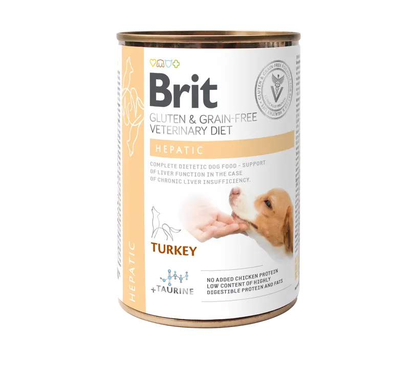 Brit Veterinary Diets Dog Hepatic - консерва за подпомагане на чернодробната функция при хронична чернодробна недостатъчност, с пуйка и грах