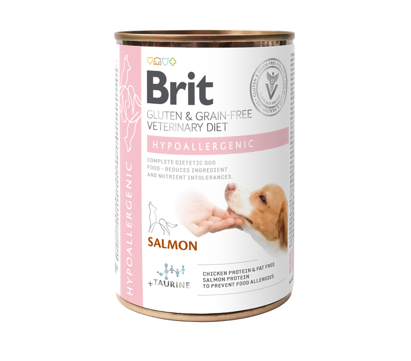 Brit Veterinary Diets Dog Hypoallergenic - консерва за кучета с различни дерматологични или храносмилателни непоносимости, със сьомга и грах