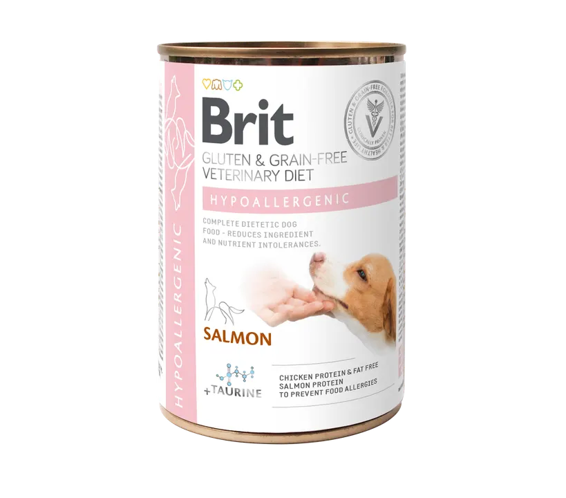 Brit Veterinary Diets Dog Hypoallergenic - консерва за кучета с различни дерматологични или храносмилателни непоносимости, със сьомга и грах