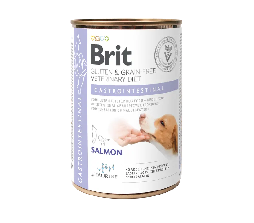 Brit Veterinary Diets Dog Gastrointestinal - консерва за кучета с храносмилателни разстройства, със сьомга и грах,