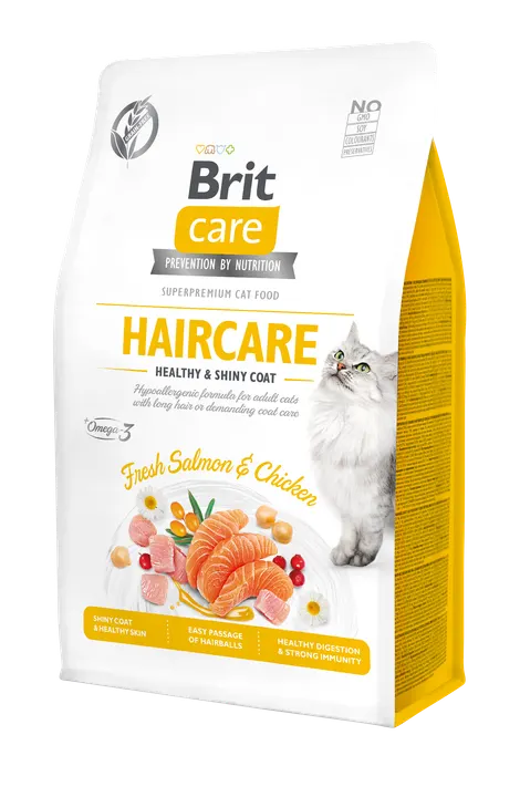 Brit Care Cat Grain-Free Haircare & Shiny Coat - храна за котки за красива козина и здрава кожа, със сьомга и пиле, без зърнени култури