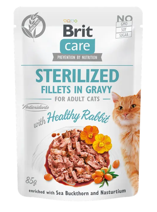 Brit Care Cat Sterilized Rabbit Fillets in Gravy - пауч за кастрирани котки със заек в сос грейви, 12 бр. х 85 гр.