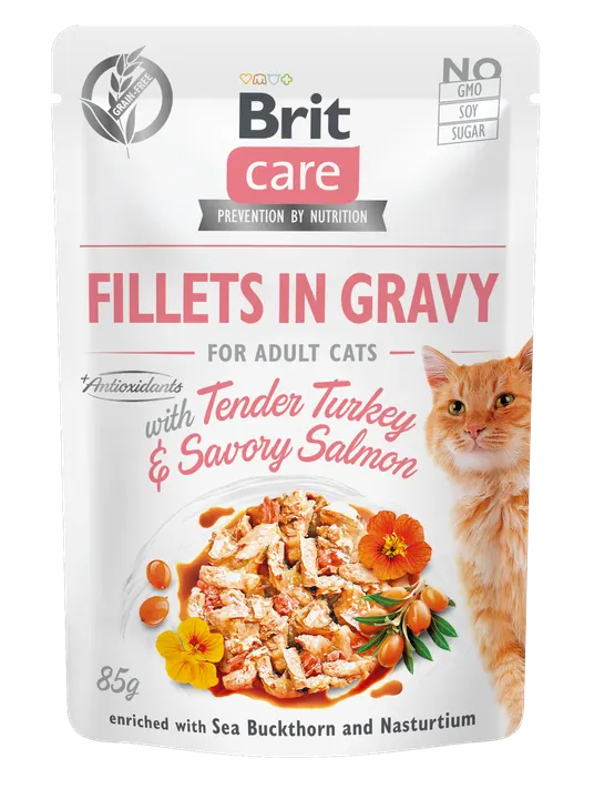 Brit Care Cat Tender Turkey & Savory Salmon Fillets in Gravy - пауч за котки с пуешко месо и сьомга в сос грейви, 12 бр. х 85 гр.