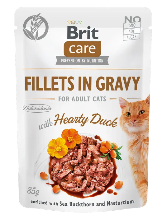 Brit Care Cat Hearty Duck Fillets in Gravy - пауч за котки с патица в сос грейви, 12 бр. x 85 гр.