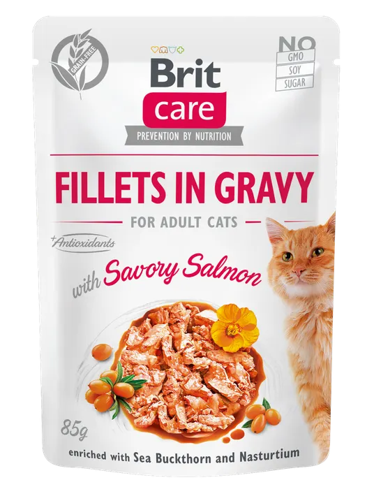 Brit Care Cat Savory Salmon Fillets in Gravy - пауч за котки със сьомга в сос грейви, 12 бр. x 85 гр.