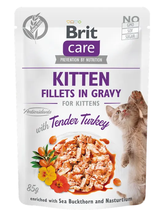 Brit Care Cat Kitten Tender Turkey Fillets in Gravy - пауч за котки до 12 месеца с пуйка в сос грейви, 12 бр. x 85 гр.