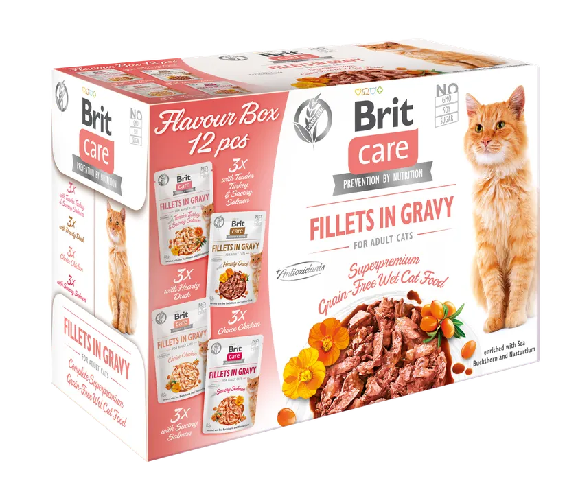 Brit Care Cat Fillets in Gravy Multipack - пауч за котки, селекция от рибни и птичи филенца в сос грейви, 12 бр. x 85 гр.