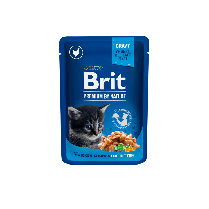 Brit Premium by Nature Pouch Kitten Chicken Chunks - пауч за котки до 12 месеца с пиле, 3 бр. х 100 гр.