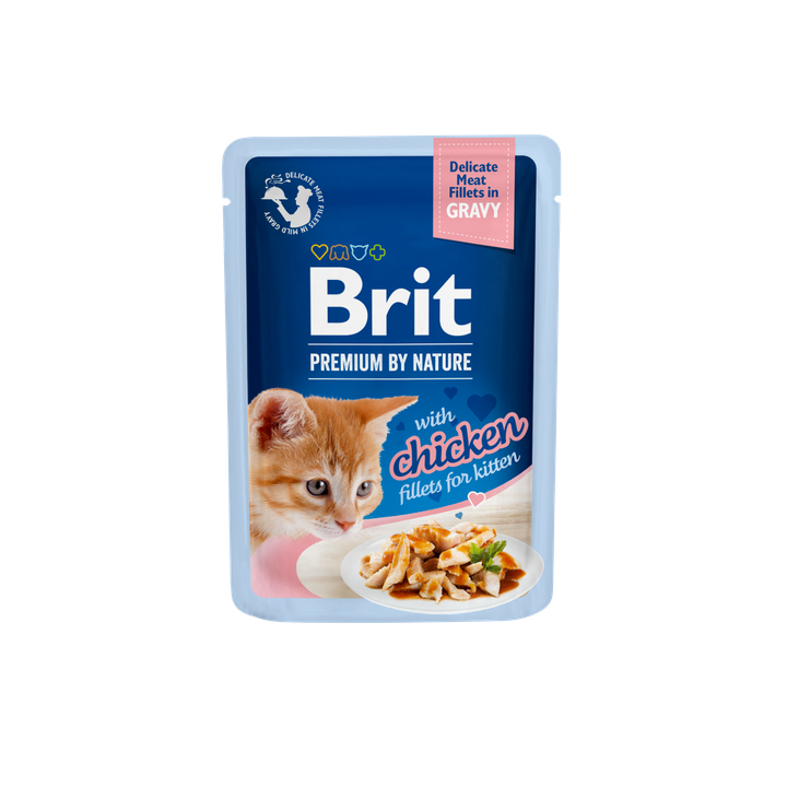 Brit Premium Kitten Delicate Chicken Fillets in Gravy - пауч за котки до 12 месеца с филенца от пиле в сос грейви, 5 бр. х 85 гр.
