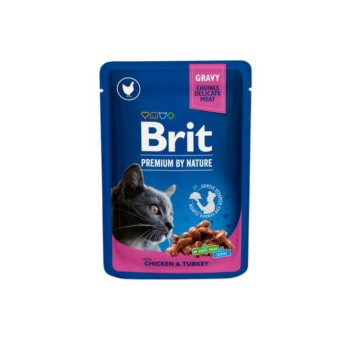 Brit Premium Cat Delicate Chicken & Turkey Fillets in Gravy - пауч за котки с филенца от пиле и пуйка в сос грейви, 3 бр. х 100 гр.