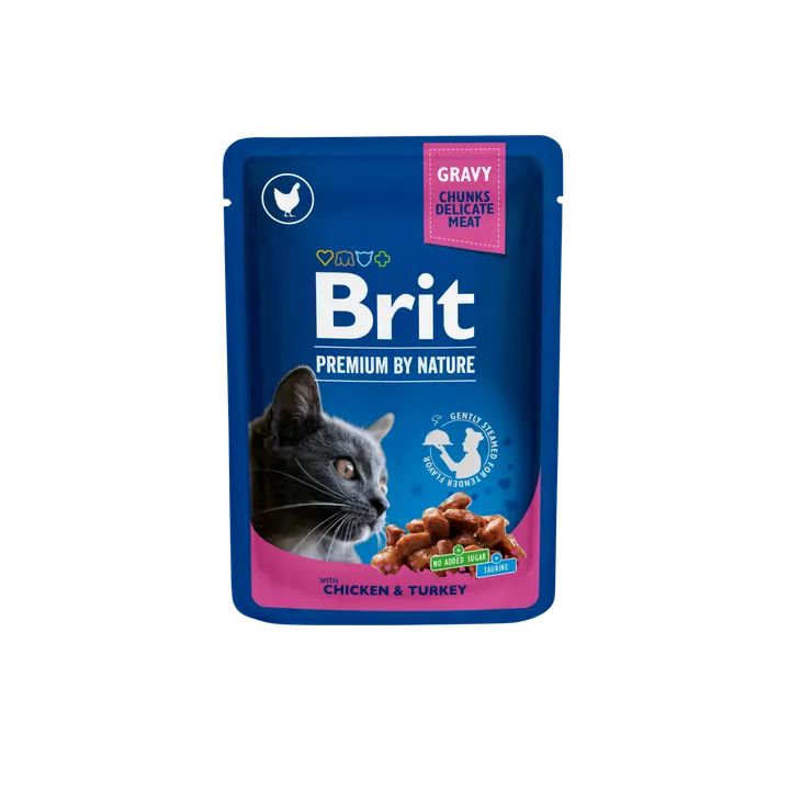 Brit Premium Cat Delicate Chicken & Turkey Fillets in Gravy - пауч за котки с филенца от пиле и пуйка в сос грейви, 3 бр. х 100 гр.