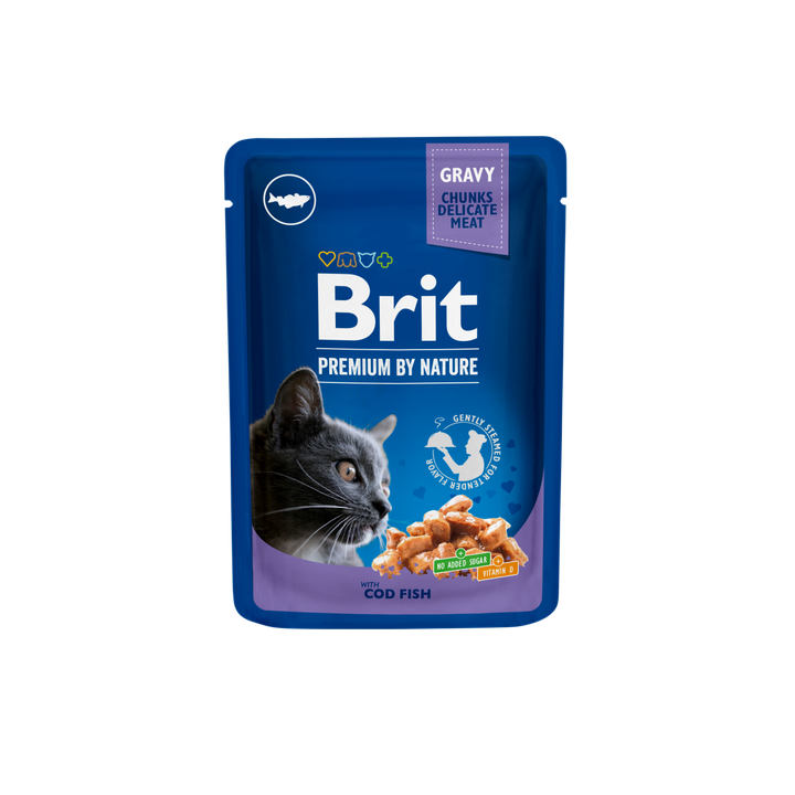 Brit Premium Cat Delicate Cod Fish Fillets in Gravy - пауч за котки с филенца от риба треска в сос грейви, 3 бр. х 100 гр.