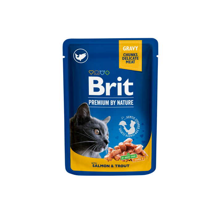 Brit Premium Cat Delicate Salmon & Trout Fillets in Gravy - пауч за котки с филенца от сьомга и риба тон в сос грейви, 3 бр. х 100 гр.