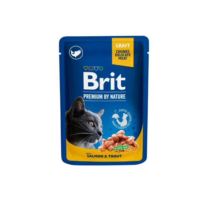 Brit Premium Cat Delicate Salmon & Trout Fillets in Gravy - пауч за котки с филенца от сьомга и риба тон в сос грейви, 3 бр. х 100 гр.