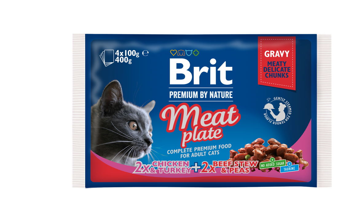 Brit Premium Cat Meat Plate - мултиопаковка паучове за котки с пиле, пуйка и говеждо, 4 бр. х 100 гр.