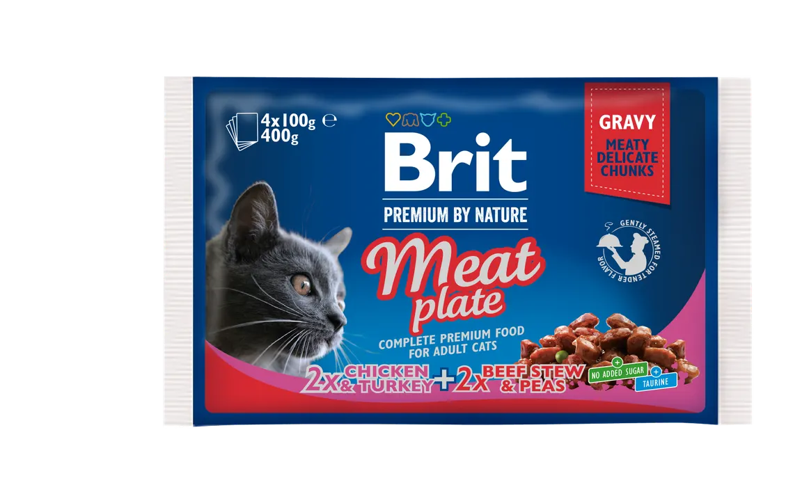 Brit Premium Cat Meat Plate - мултиопаковка паучове за котки с пиле, пуйка и говеждо, 4 бр. х 100 гр.