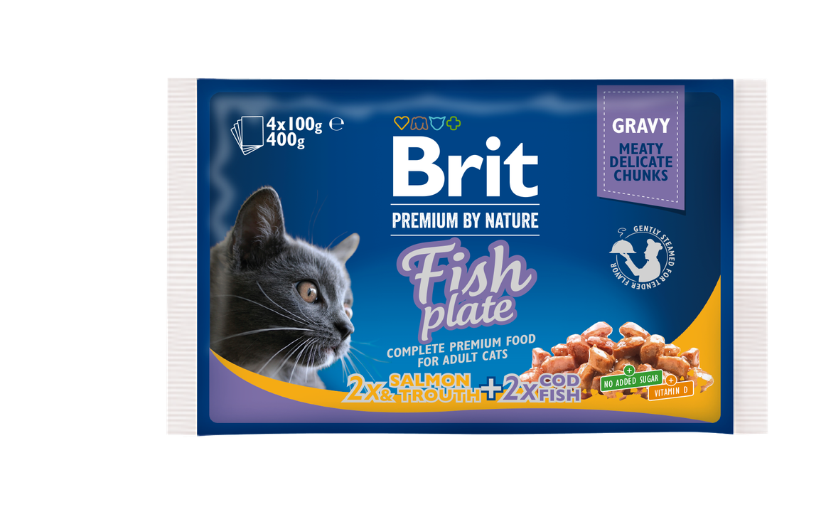 Brit Premium Cat Fish Plate - мултиопаковка паучове за котки с риба треска, сьомга и пъстърва, 4 бр. х 100 гр.
