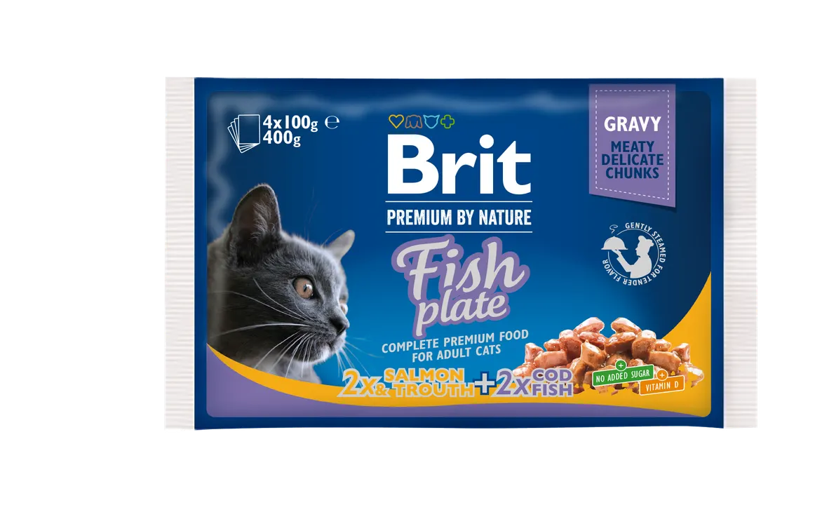 Brit Premium Cat Fish Plate - мултиопаковка паучове за котки с риба треска, сьомга и пъстърва, 4 бр. х 100 гр.