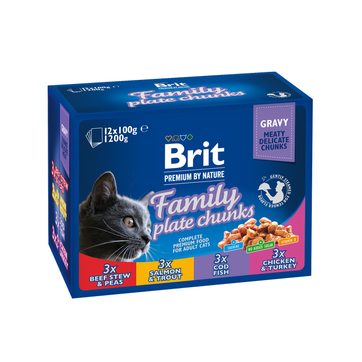 Brit Premium Cat Family Plate - мултиопаковка паучове за котки с разнообразни вкусове, 12 бр. х 100 гр.