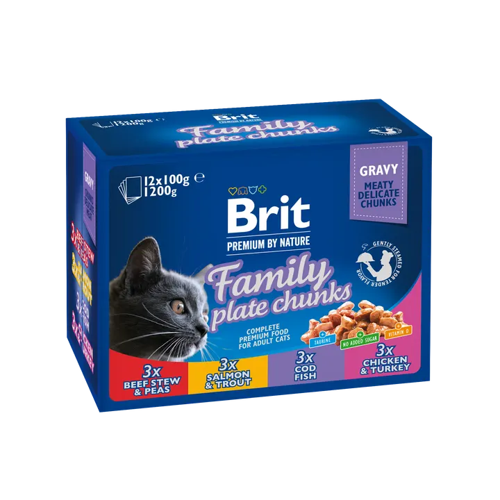 Brit Premium Cat Family Plate - мултиопаковка паучове за котки с разнообразни вкусове, 12 бр. х 100 гр.