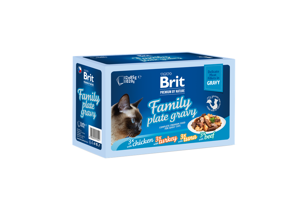 Brit Premium Cat Family Plate Gravy - мултиопаковка паучове за котки с разнообразни вкусове в сос грейви, 12 бр. х 85 гр.
