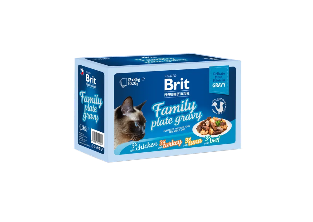 Brit Premium Cat Family Plate Gravy - мултиопаковка паучове за котки с разнообразни вкусове в сос грейви, 12 бр. х 85 гр.