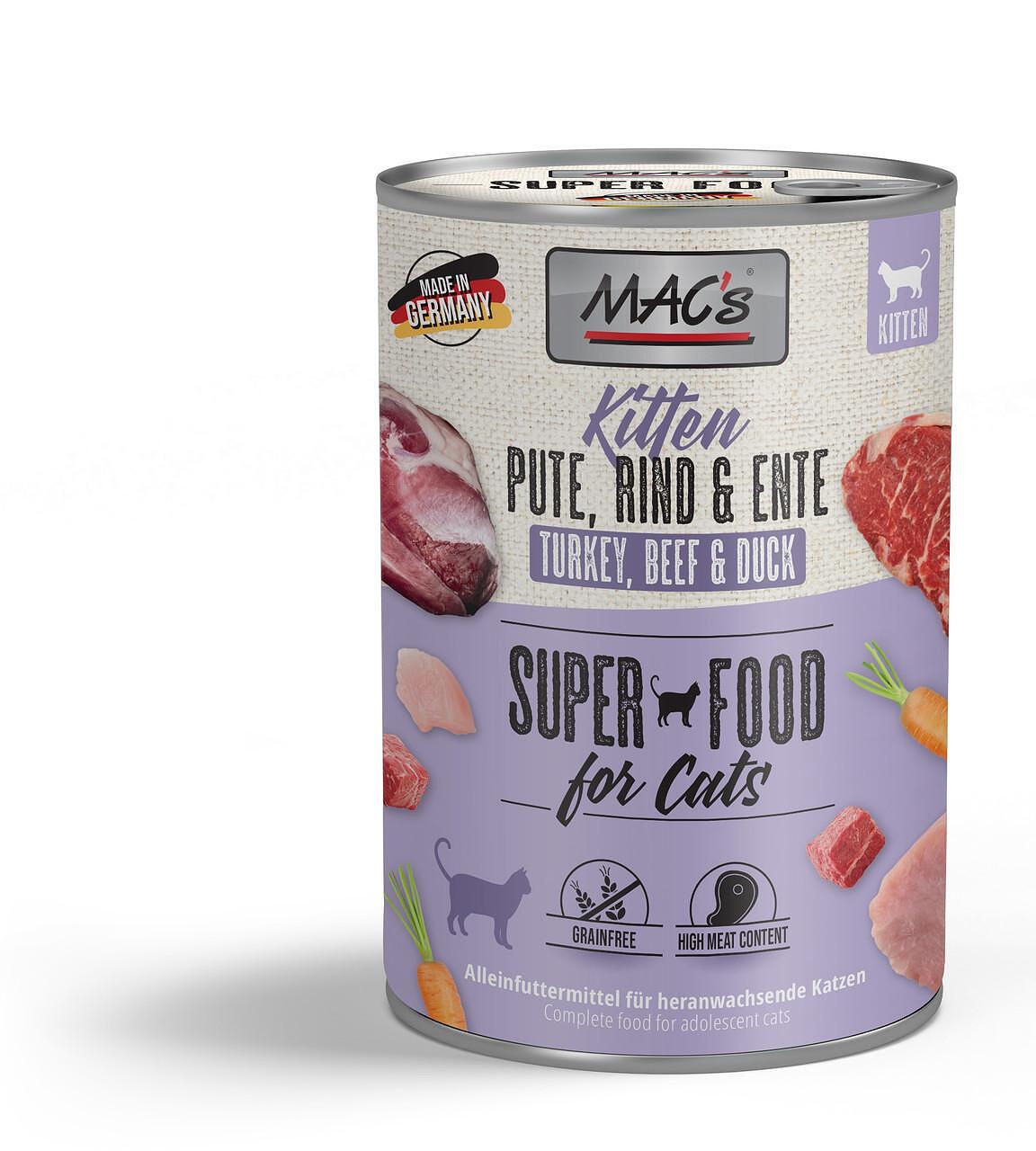 Mac's s Kitten Turkey Beef Duck - храна за подрастващи котки с пуйка, говеждо и патица, 5 бр. х 200 гр.
